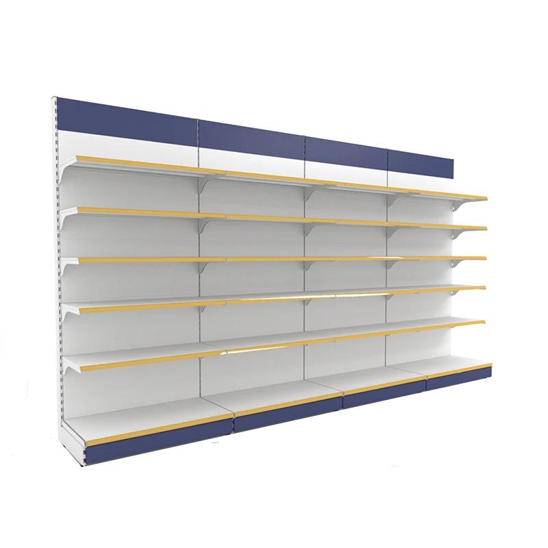 Estante de supermercado de góndola de exhibición estilo Eupo, estante de juegos de capas pesadas de tienda de acero OEM azul metálico blanco de alta calidad a la moda