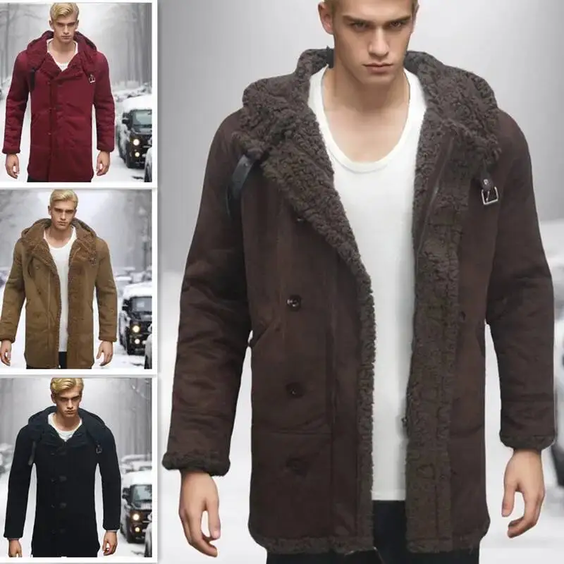 Men Hooded Winter New Suede Men's Fur Integrated Thick Coat Wool Long Sleeve Parka Pockets