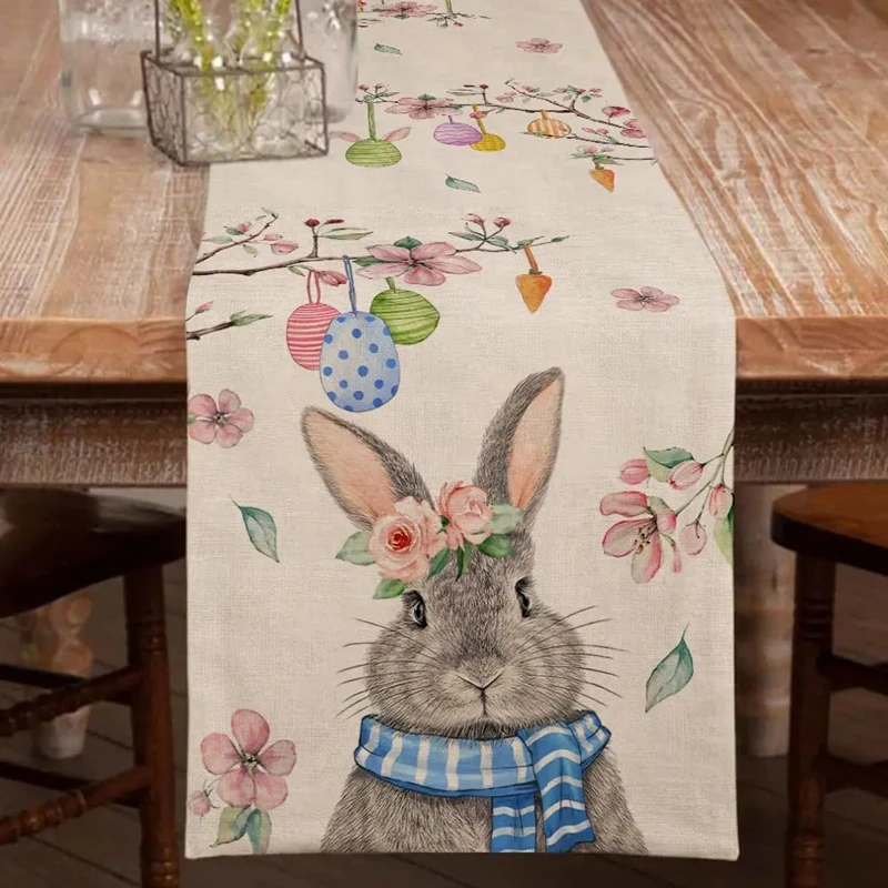 2024 Easter Rabbit Table Runner Linen Bunny Dining Table Cloth Placemat Spring Holiday Happy Easter Decoration For Home Kitchen