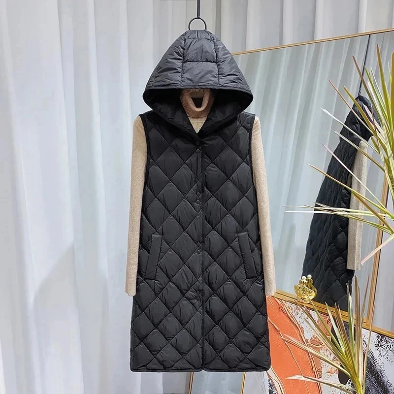 2025 New Women\'s Long Sleeveless Vest Jacket Autumn Winter Down Cotton Vest Ladies Loose Hooded Light And Thin Female Waistcoat