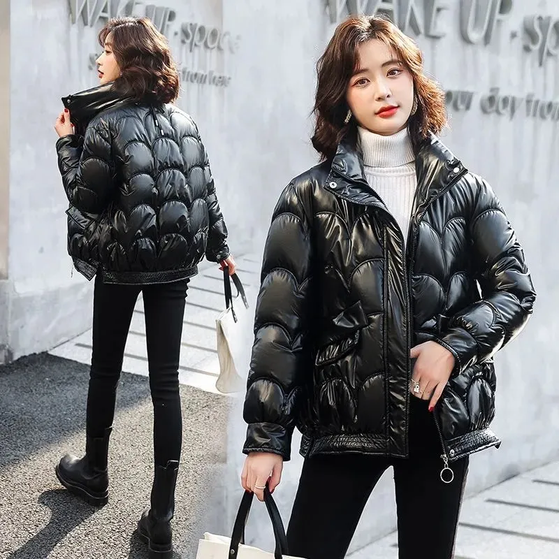 Short Shiny Jackets 2022 New Winter Women\'s Parka Stand Collar Long Sleeve Zipper Solid Thick Loose Casual Down Cotton Coats Top