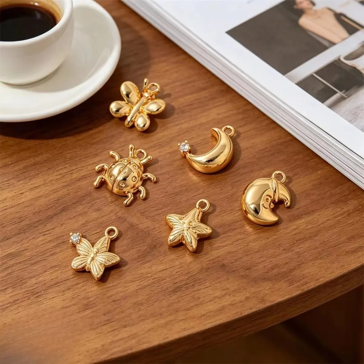 Brass Polished 14K Gold Plated Zircon Star Moon Cross Bow Knot Charms DIY Bracelet Necklace Findings 1Pcs