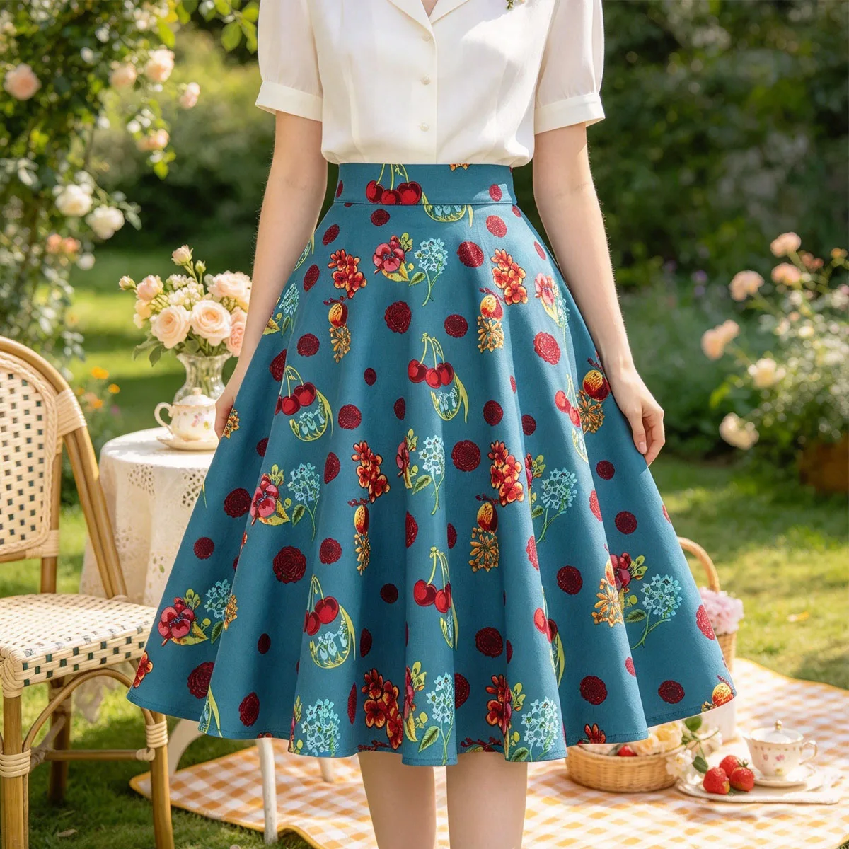 SISHION 50s 60s Cotton Cherry Floral Print Swing Retro Vintage Skirt VD0020 2026 High Waist faldas Summer Women Skirts