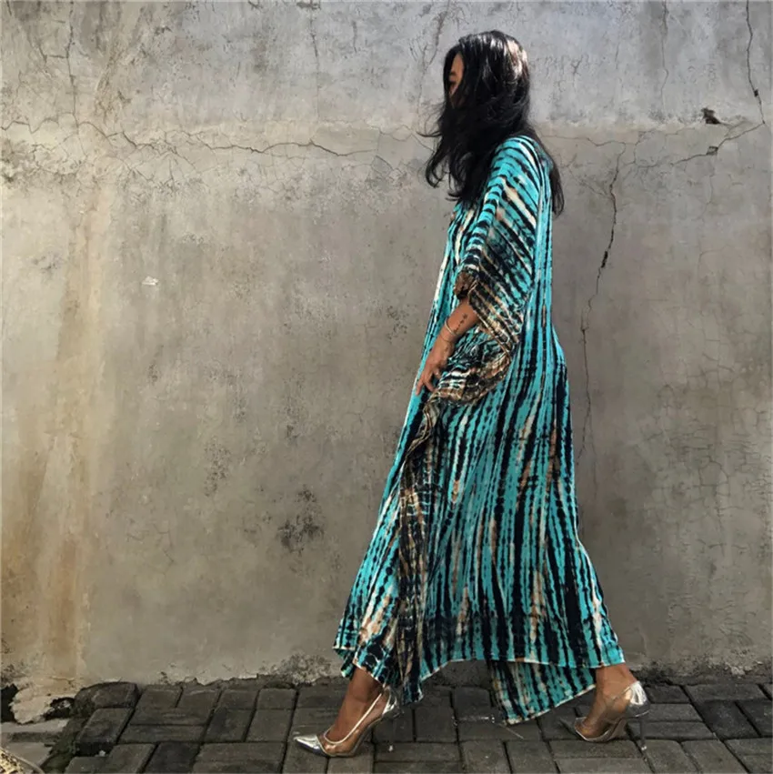 Plus Size Boho Cover Up Dress, damska Plus kolorowa kwiecista sukienka z dekoltem rękaw w kształcie skrzydła nietoperza dekoltem w szpic