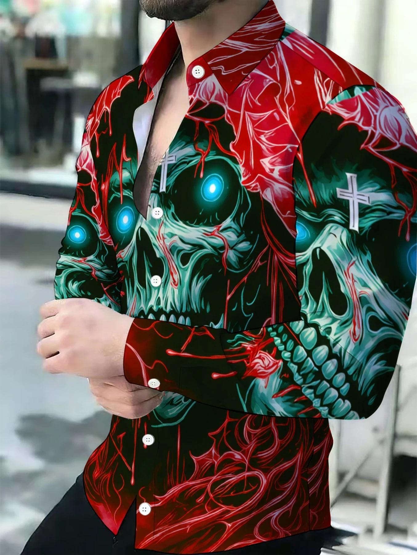 Street Style Men Lapel Collar Shirt Dark Base Horror Skull Red Splash Graphic Polyester Long-Sleeve Blouse