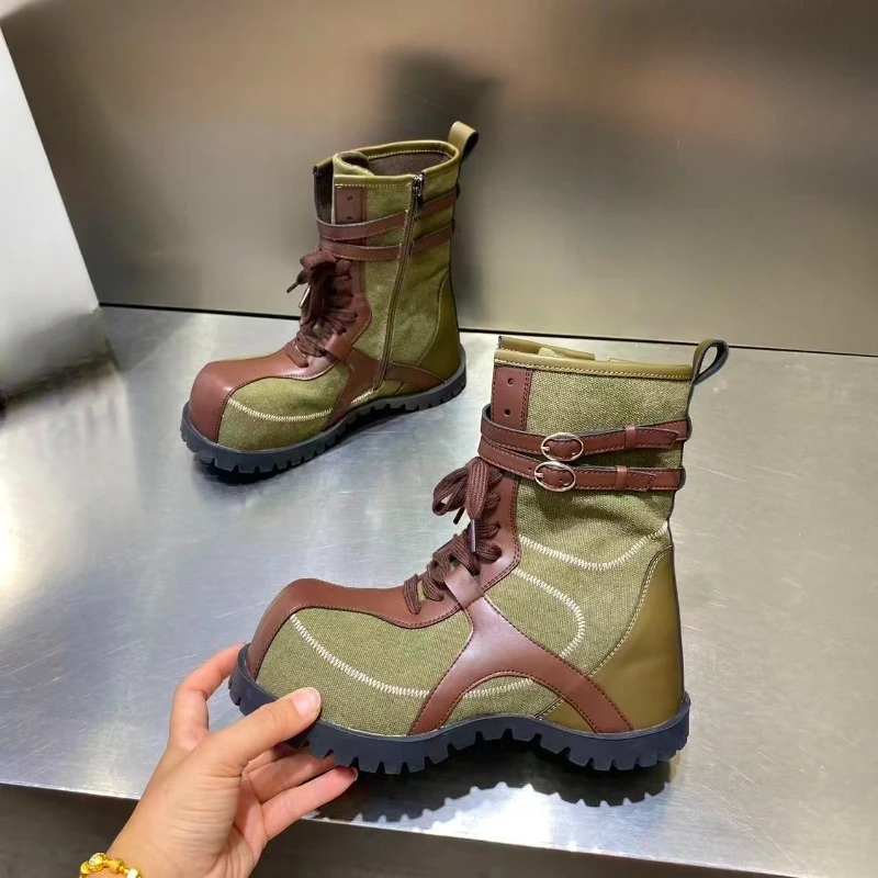 Spliced Large Round Toe Lace-Up Mid-Tube Boots Fashion Side Zipper Metal Buckle Soft Sole Inside Heightener Flats