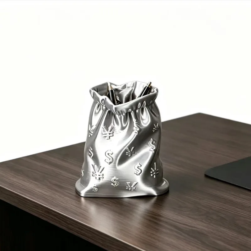 Gold Money Bag Shaped Pen Holder Cute Cartoon Desktop Storage Box Large Capacity Stationery Organizer Lucky Fortune Office Decor