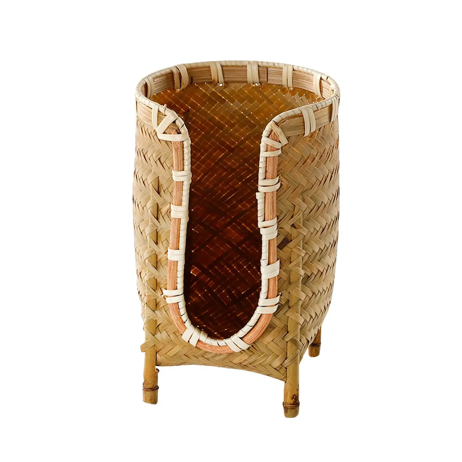 Round Bamboo Woven Cup Holder Storage Dispenser for Bathroom Vanity Countertop Tea Cup Rinsing Organizer with Natural Wood Tone