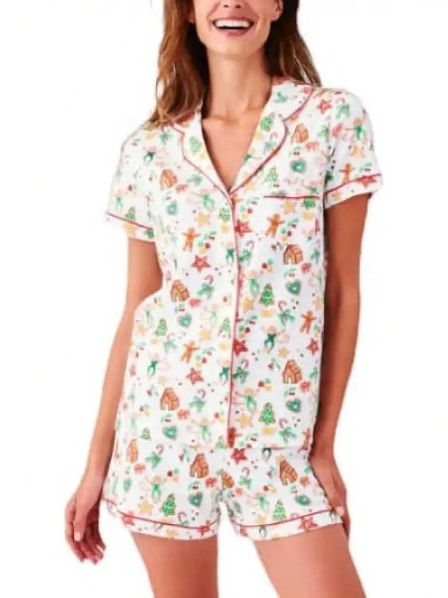 

Women Short Sleeve Button Down Pajama Set With Cartoon Print Satin Sleepwear