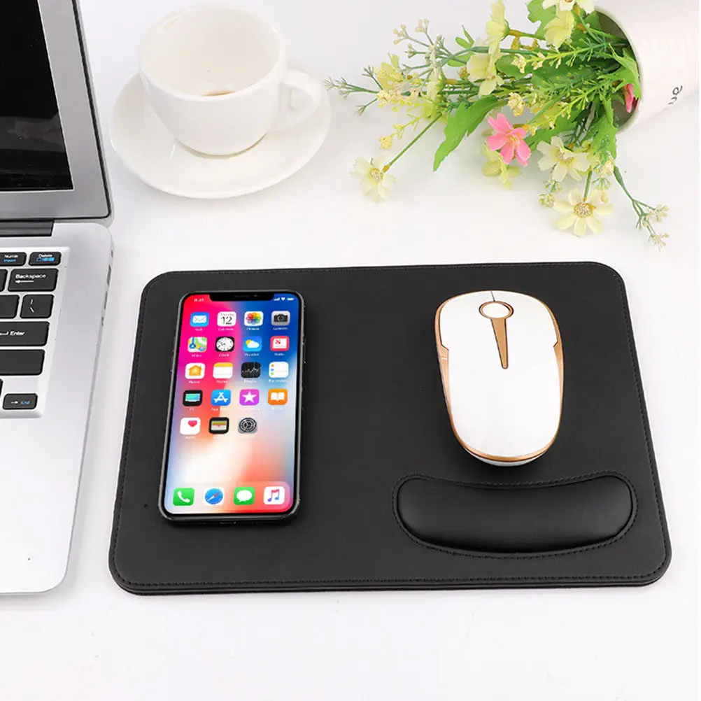 

2 in 1 Wireless Charging Pad with Mouse Mat Function Black PU Surface for Home Office Use Bright Smooth 73
