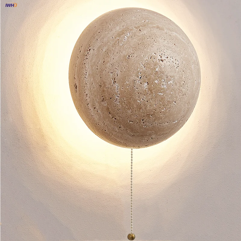 

IWHD Pull Chain Switch LED Wall Lights Bedroom Hotel Aisle Yellow Travertine Wood Canopy Japan Style Bedside Lamp Sconce Lampara