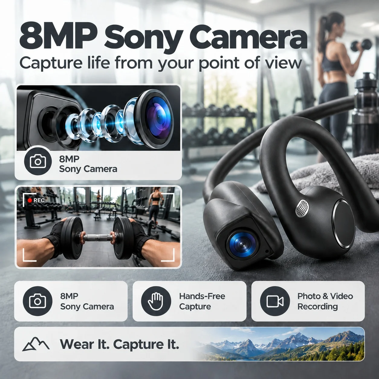 New Hot Sale Fitness Smart Camera Headphone With 8MP Camera POV Video Hands-free Calling Open Ear Audio Music Earbuds Men Women
