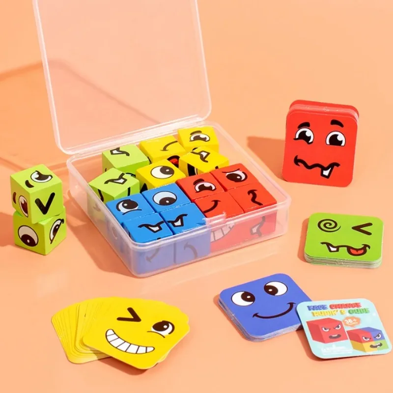 Gioco di espressione delle emozioni per bambini Cubo di legno Tabellone che cambia il viso Puzzle di cartoni animati Giocattolo Giochi di sfida di pensiero Montessori