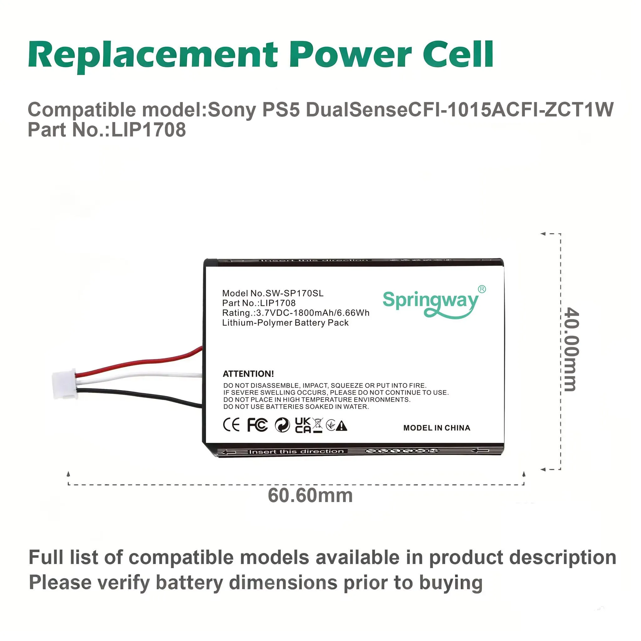 SP170SL Game Console Battery LIP1708 for Sony PS5 DualSense, CFI-1015A, CFI-ZCT1W  3.7V 1800mAh