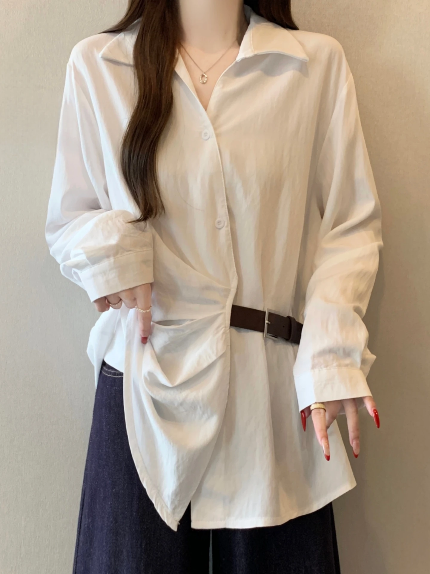 

White Waist-Cinching Long Sleeve Base Shirt Women's Spring Autumn plus Size Flattering Tummy Concealing Design Sense Top