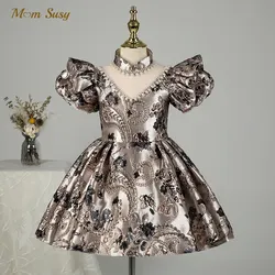 Baby Girl Princess Floral Silk Dress Short Puff Sleeve Child Vintage Big Bow Vestido Party Pageant Birthday Ball Gown 1-12Y