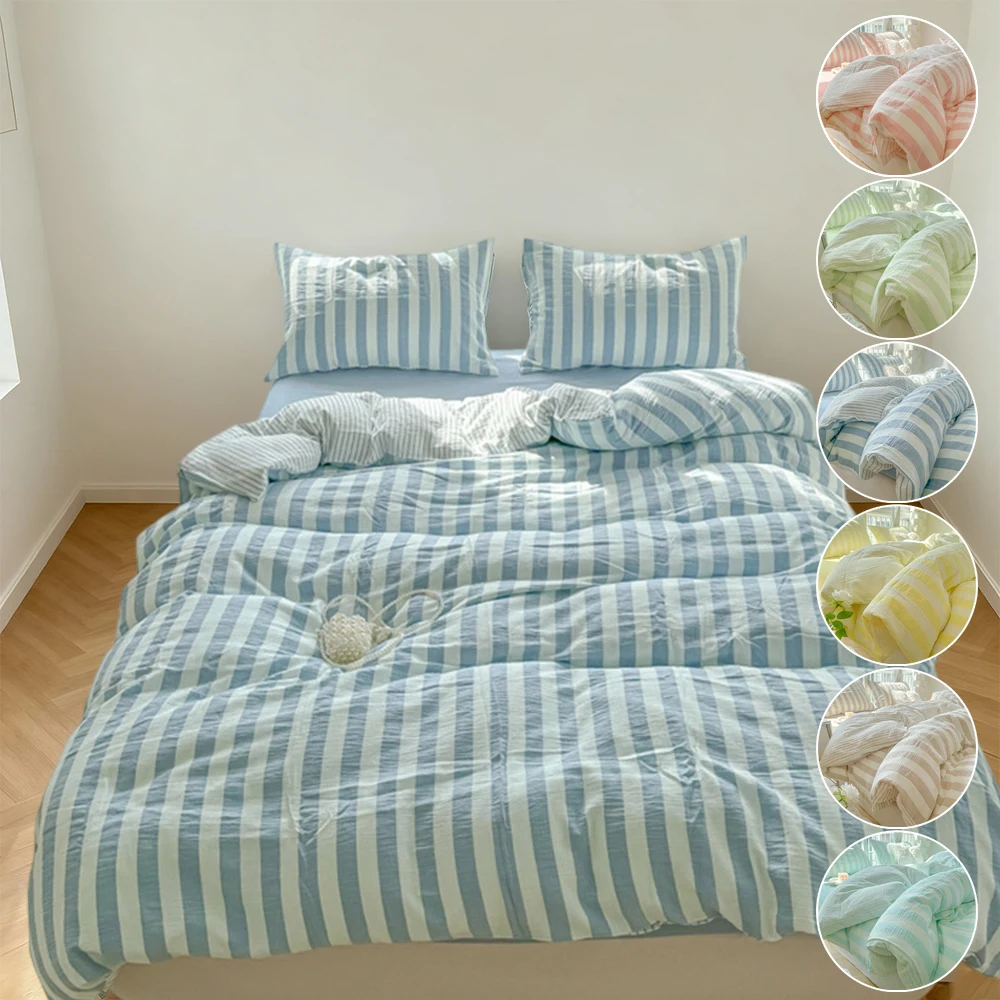 

4pcs Korean Washed Cotton Pink Stripes Duvet Cover 150x200 Size Girl's Room Housse De Couette Skin Friendly 침구세트 Funda Nórdica