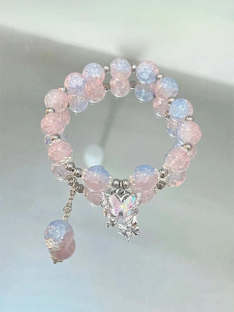 Bracelet élastique en cristal avec pendentif papillon pour femme, perles de verre colorées, bijoux fantaisie pour filles, cadeaux