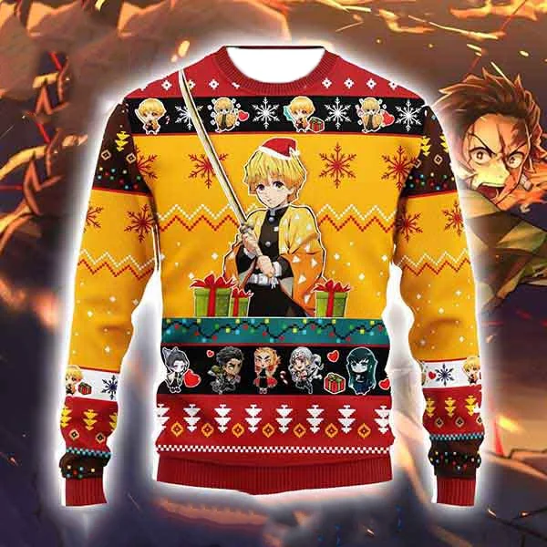 가을과 겨울 크리스마스 귀멸의 칼날 캐릭터 3D 프린팅 남성용 긴팔 라운드넥 셔츠 남성용 라운드넥 후디