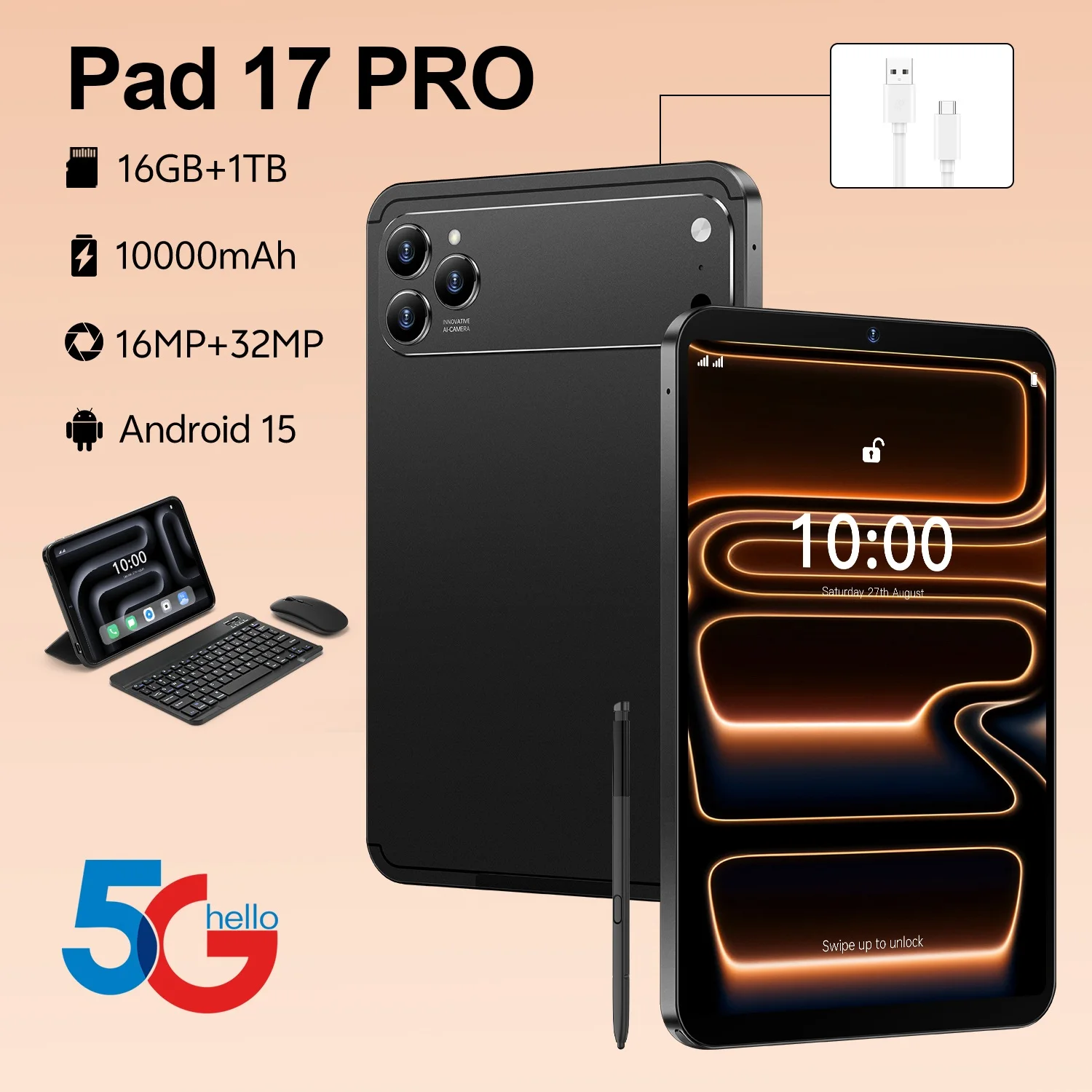 

2026 HOT Pad 17 Pro 16GB+1TB Dual Card Tablet 10000mAh 5G Android 15 10.1 inch WIFI+GPS Tablet Global Edition