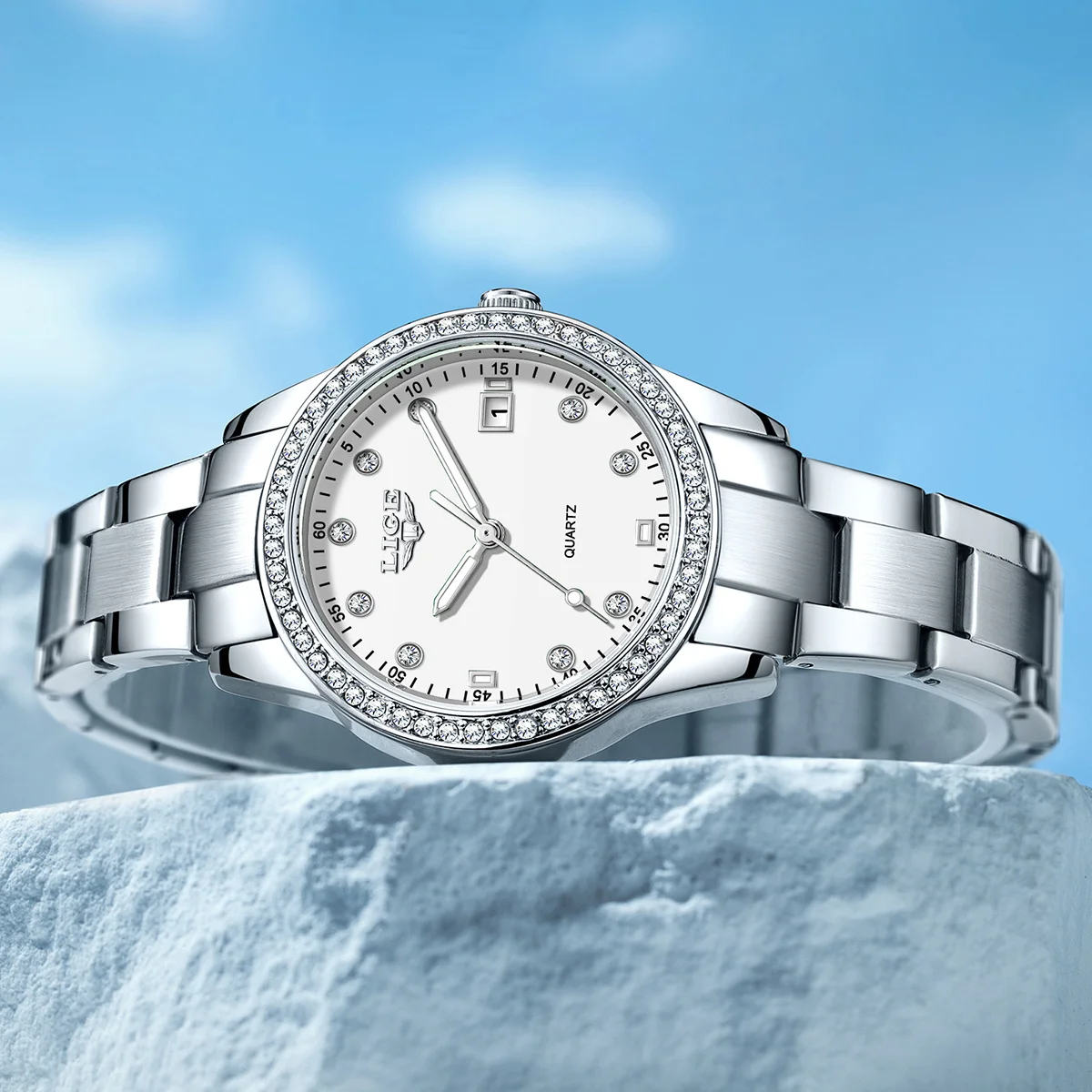 LIGE New Luxury Quartz Watch for Women Fashion Elegant Diamond Dial Ladies Watches Stainless Steel Waterproof Women's Wristwatch