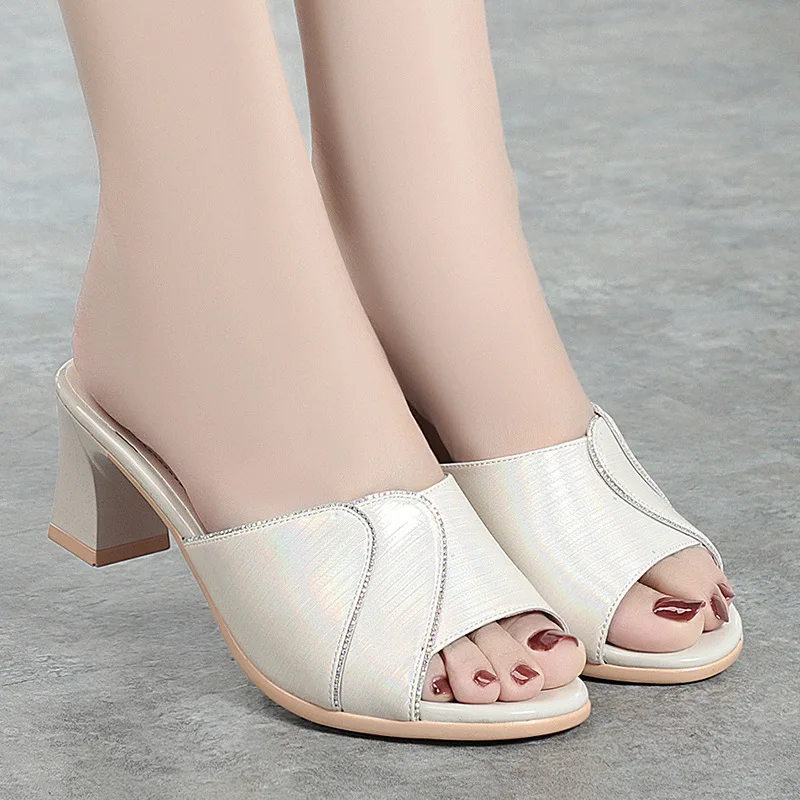 Shoes For Women Slippers 2024 Summer Woman Pumps Casual High Heels Solid Color Ladies Slipper Round Toe Slides Outside Slippers