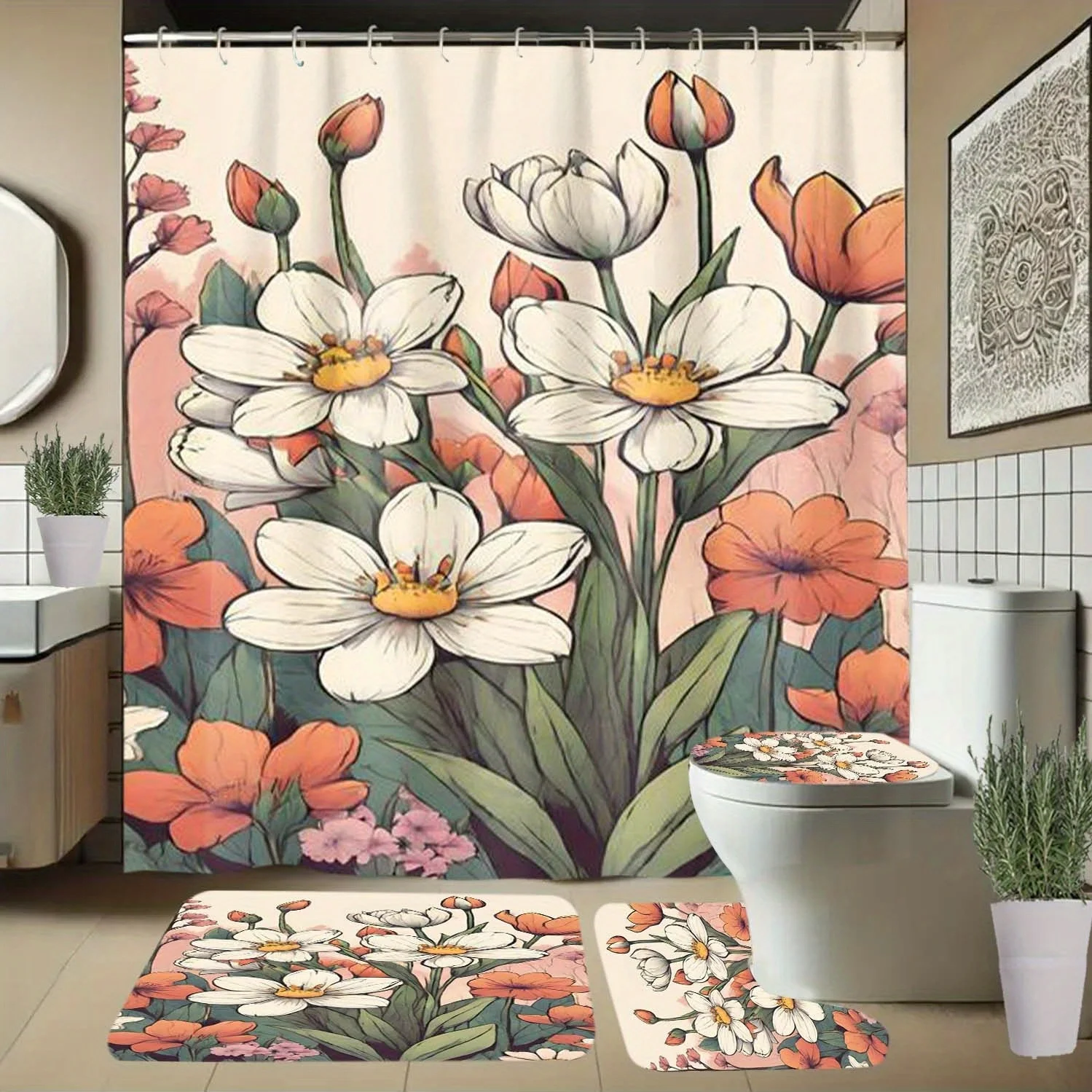 

4 шт. белые цветы, оранжевые цветы, занавеска для душа с рисунком зеленых листьев и крючками, занавеска для перегородки в ванной комнате, ванная комната