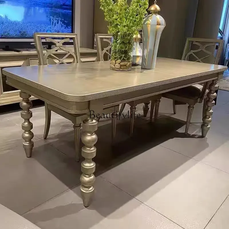 

yj19 American champagne solid wood dining table and chair combination carved rectangular dining table premium gray