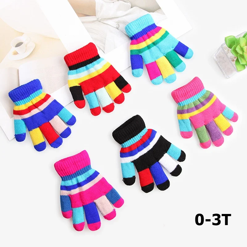 0-3 anni bambino bambini inverno caldo addensare guanti ragazze ragazzi arcobaleno colore bambini guanti in maglia imitazione guanti a dita intere