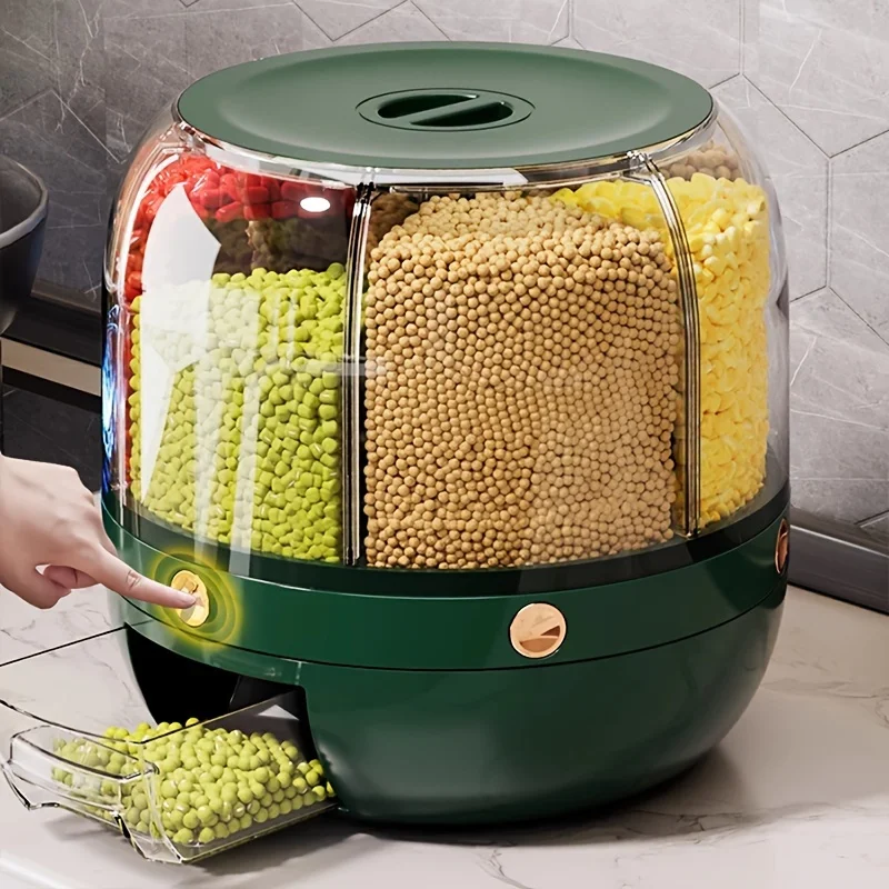 Contenedor de Almacenamiento Giratorio de Gran Capacidad con Tapa, Dispensador de Granos de Plástico Impermeable, Contenedor Multiusos con Tapa Abatible para Cereales y Frutos Secos