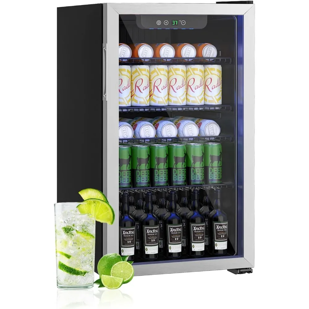 

Компактный отдельно стоящий холодильник для напитков, мини-холодильник 126 банок/3,2 кубических футов с двусторонней стеклянной входной дверью для газировки, пива