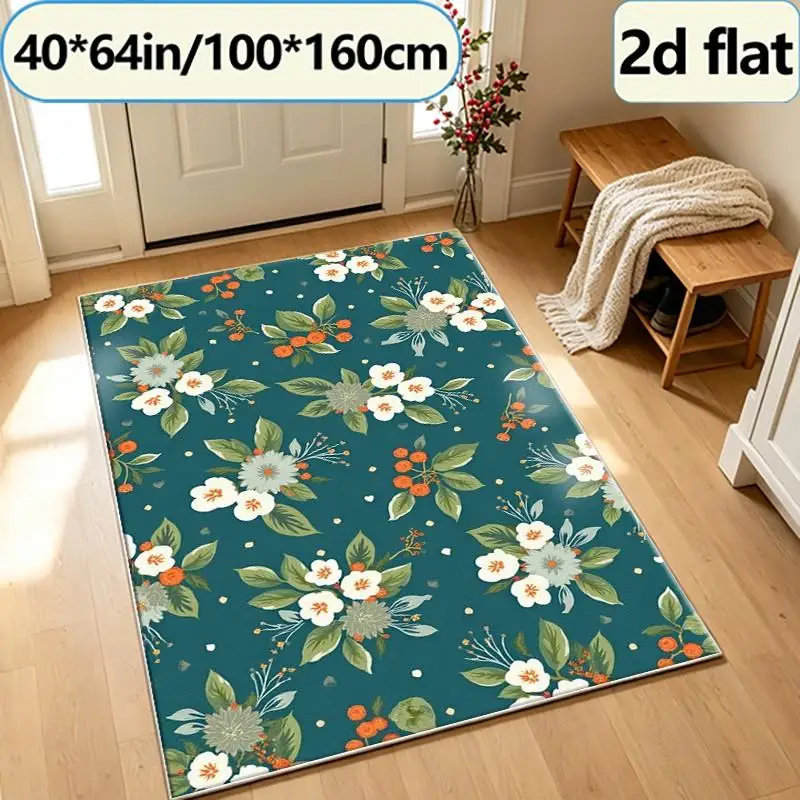 Vintage Teal Floral Berry Square Carpet Floor Decor Vintage Flower Leaf Seamless Pattern Non-Slip Carpet Suitable for Bedroom Living Room Home Decoration