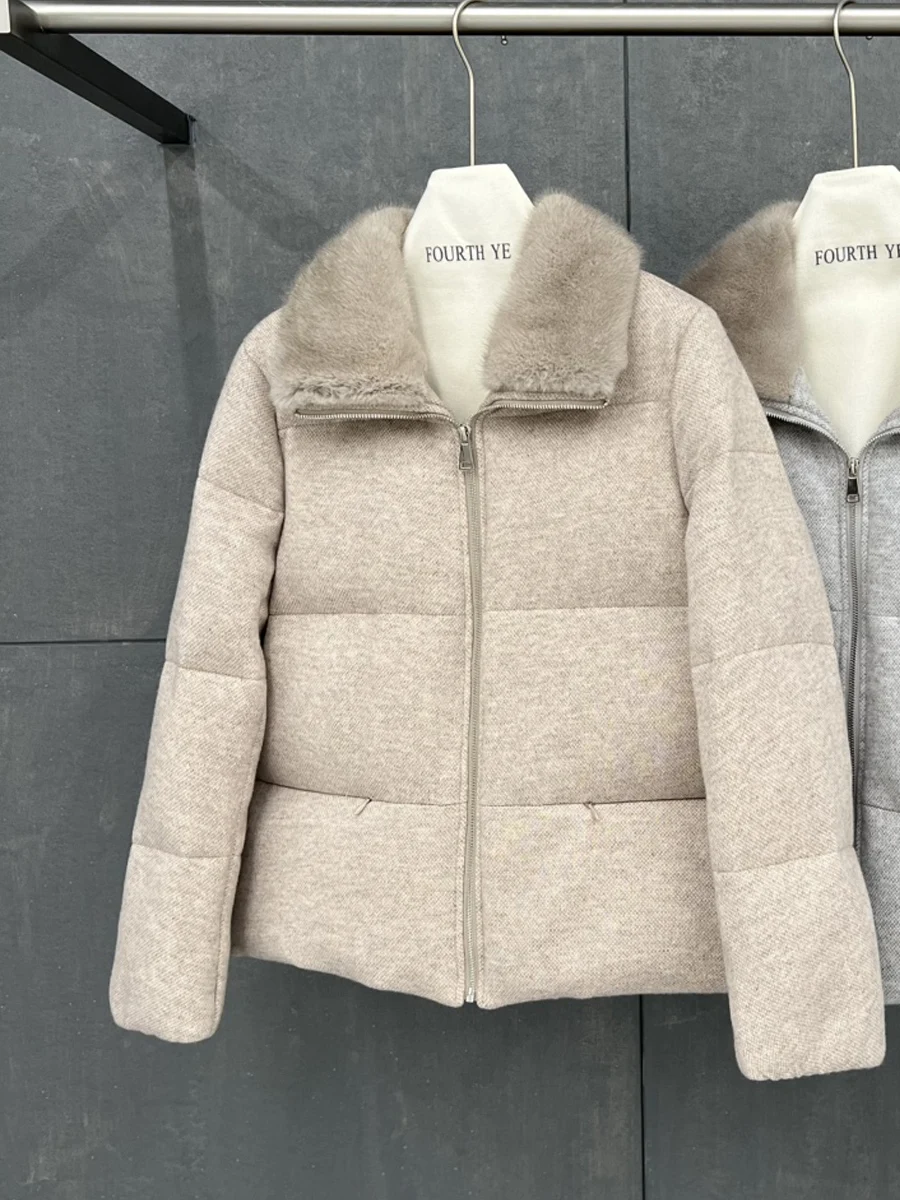 Alta qualidade 2025 inverno nova lã cashmere gola de pele de vison feminino curto engrossado branco ganso para baixo casaco de pele