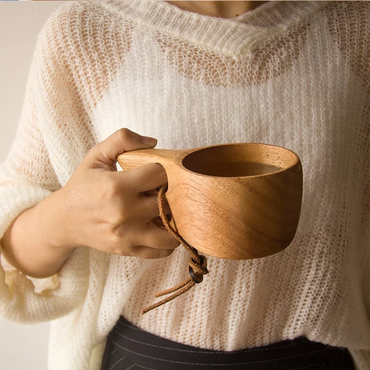 2PC Nordic Style Handmade Wooden Cups Finnish Traditional Outdoor 270Ml Wood Wine Mugs Elephant Coffee Cups for Gifts