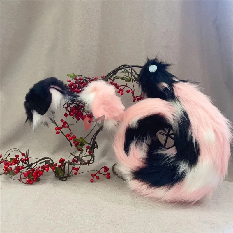 

New Hand Made Work Shiba Inu Dog Fold Ears Hairhoop Headwear Tail Tail-curling Pink Black Color Costume Accessories Custom Made