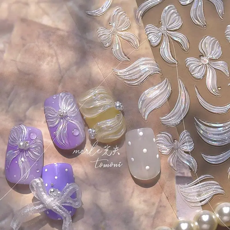 

Tender White Bowknot Ribbon Glitter Powder Love Heart Bow Tie Fantasy Nail Art Stickers Decals Manicure Tools Charms Decorations