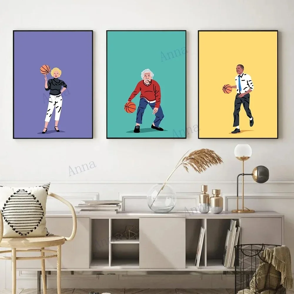 Scandinavian Simple Abstract Aesthetic Wall Art Celebrity Einstein Playing Basketball HD Canvas Poster Print Home Bedroom Decor