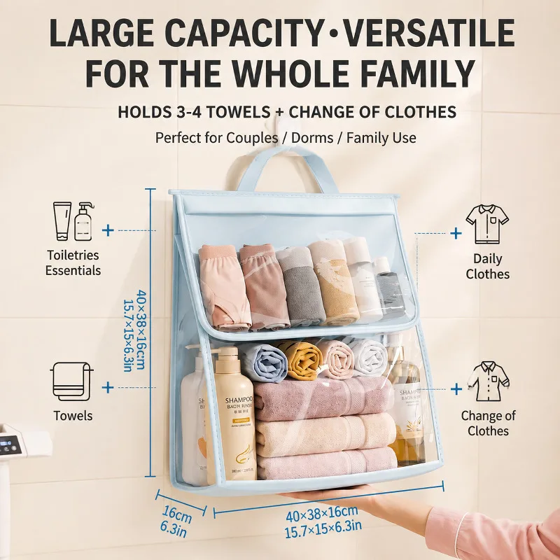 Waterproof Hanging Storage Bag, Punch-Free Wall-Mounted, Large-Capacity Clothes Organizer Pouch For Bathroom Shower Dorm Home