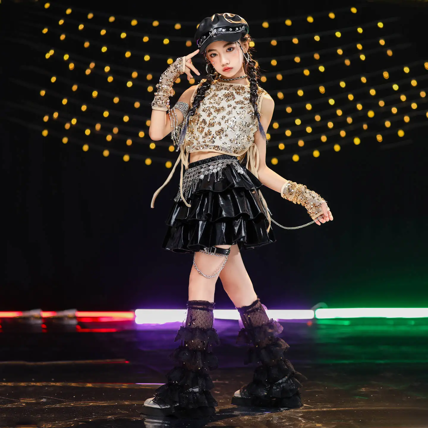 Kid Kpop Hip Hop Clothing Golden Sequined Hoodie Crop Tank Black Faux Leather Pleated Mini Skirt for Girl Dance Costumes Clothes