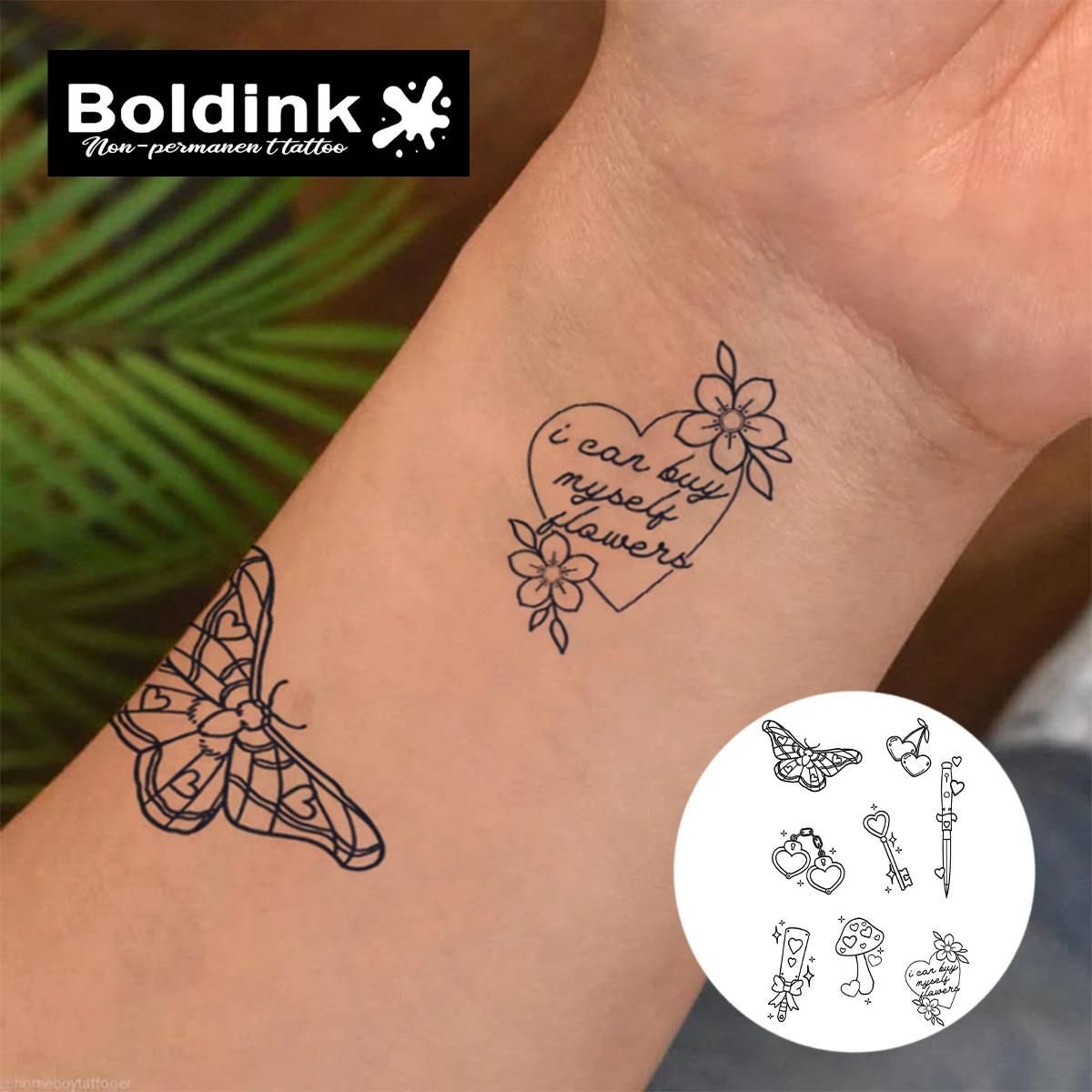 Boldink Plant-based Self-Love Heart Quote Knife Mushroom Tattoo Set for Empowered Women, Mindful Self-Care & Trendy Matching Art
