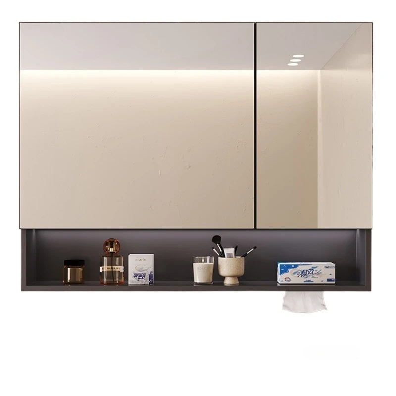 Space Aluminum Bathroom Mirror Cabinet Bathroom Furniture Wall-mounted Mirror Light Integrated Cabinets With Storage Rack