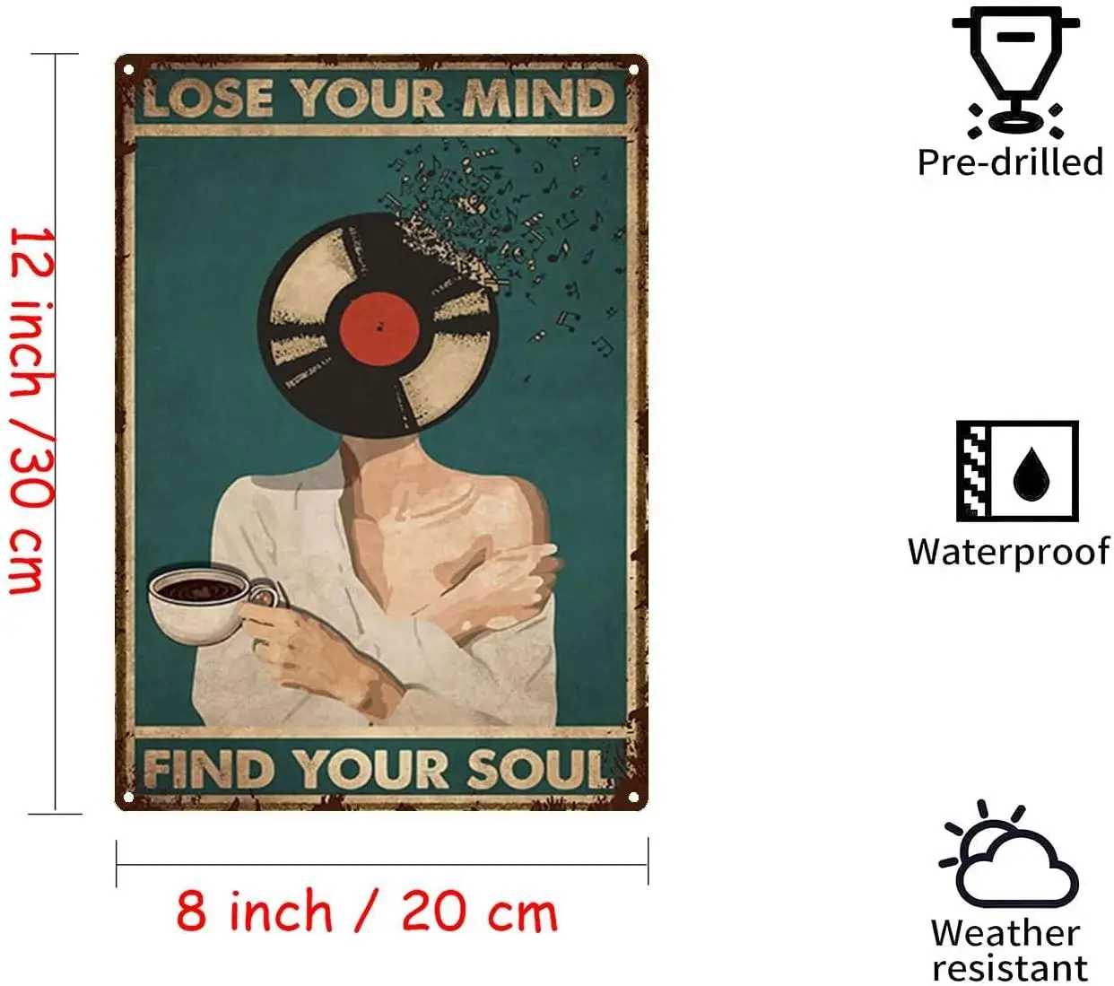 YLUYINOM Tin Metal Signs Lose Your Mind Find Your Soul Poster, Vinyl Records Music Poster, Vinyl Poster, Coffee and Music Poster