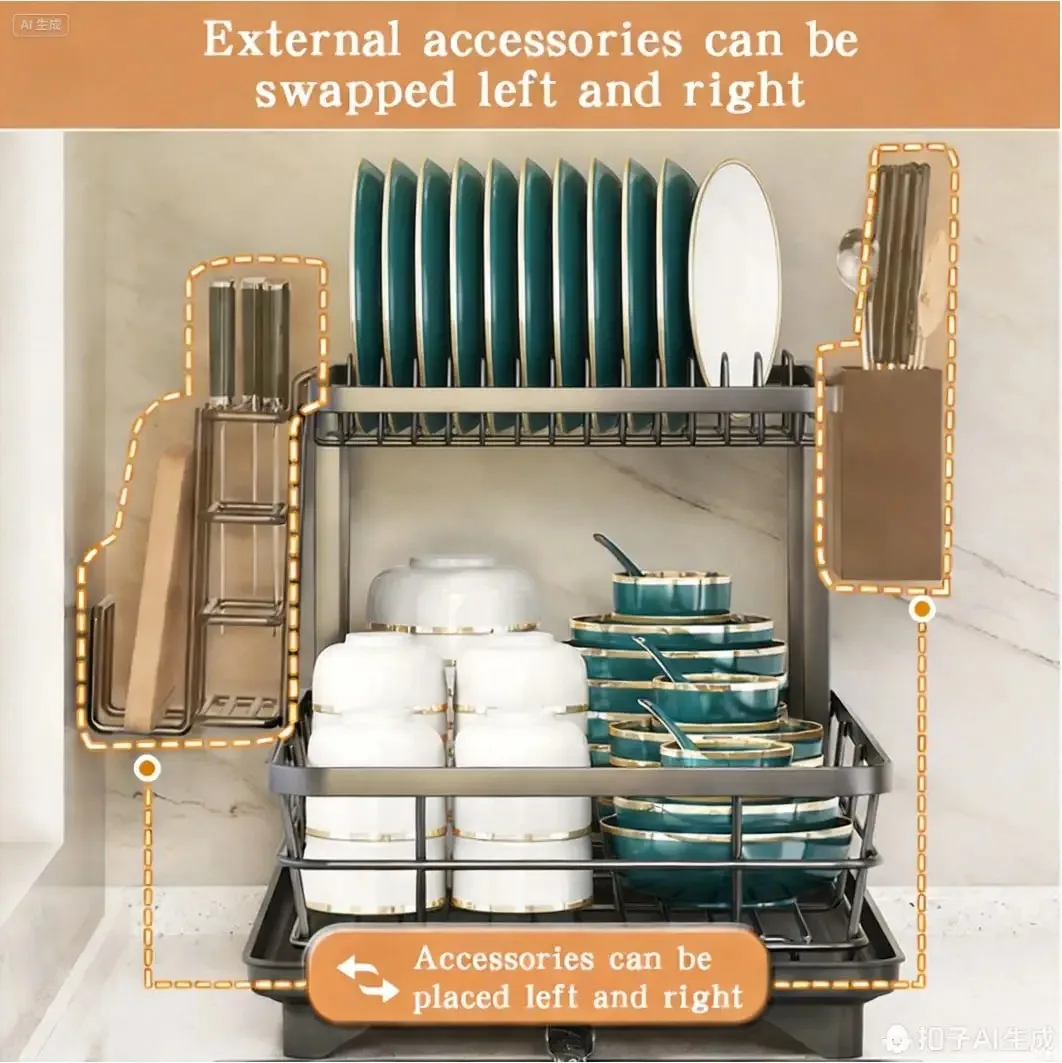 2-Layer Dish Drain Rack Is Suitable for Kitchen Countertop Metal Dish Drain Rack with Knife Cup Tableware Rack with Drain, Glass