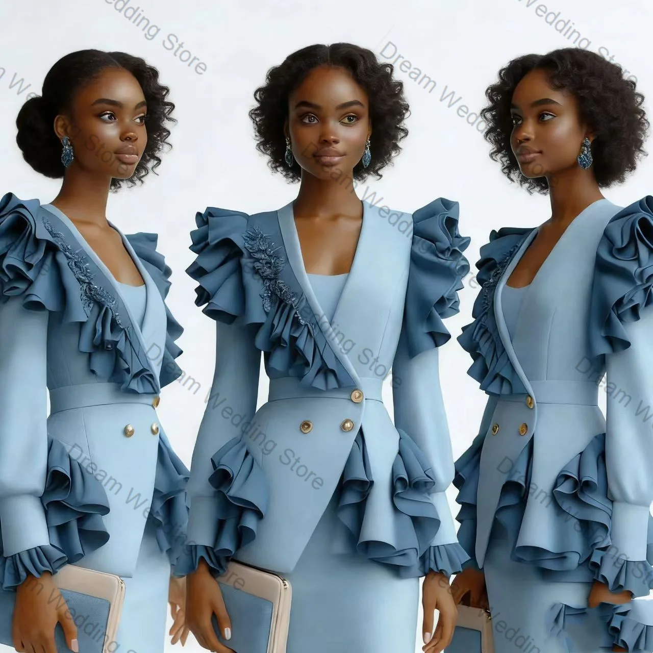 Blue Women Suit Set 2 Pcs Blazer+Prom Dress Ankle Length Skirt Spring Formal Office Lady Jacket Customized Wedding Guest Coat