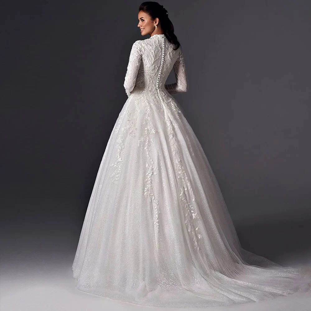 Abiti da sposa eleganti A Line 2024 Abito da sposa con paillettes in pizzo a maniche lunghe con o-collo Abiti da sposa principessa personalizzati di alta qualità