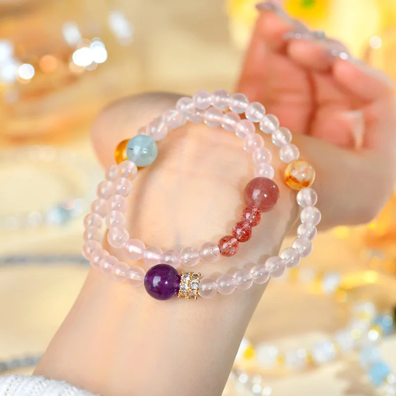 

Natural Strawberry Multi-Gem Double Circle Peach Pink Women'S Bracelet Jewelry
