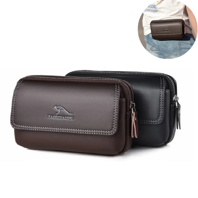 

Men's Handbag Waist bag Quality PU Carry with Belt Large Capacity Moneybag Card Holder Mobilebag Cover Solid Black Brown