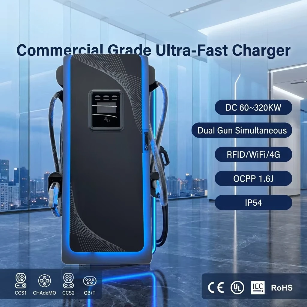 60KW 120KW 320KW Commercial DC Quick Charger Dual  10 Inch Touch Screen CCS1 CCS2 CHADEMO GBT OCPP 1.6J WiFi 4G RFID IP54