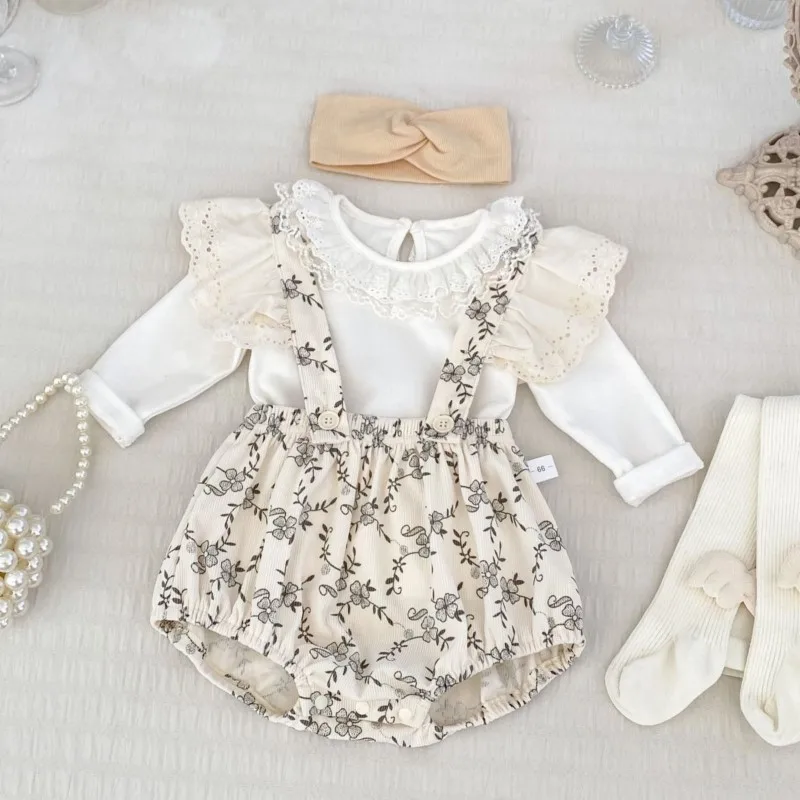 Newborn Baby Girl Cotton Lace Floral Suspender Romper+Long Sleeve Ruffle Top Infant Strap Pants Suit Spring Autumn Clothes 3M-2T