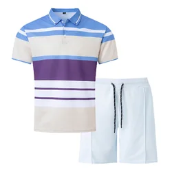 Herren Polos hirt Set Sommer Kurzarm Shorts 2 Sätze gestreifte Revers Knopf lässig Mode Straße neue Sommer 2 Sets